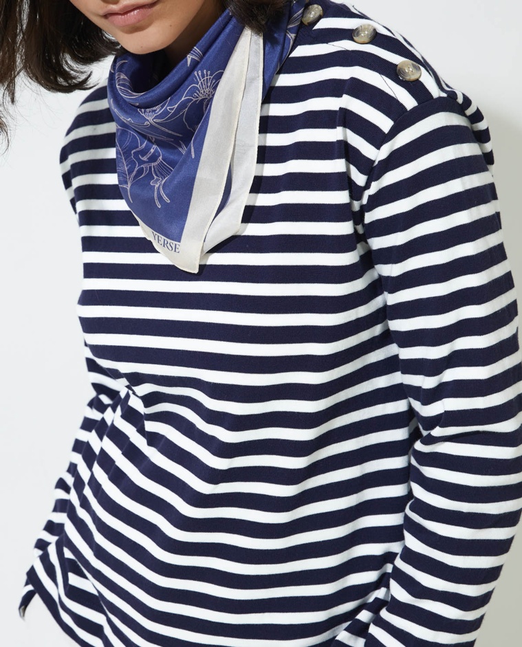 Sudadera de rayas detalle botones azul - Sudadera con estampado estilo marinero