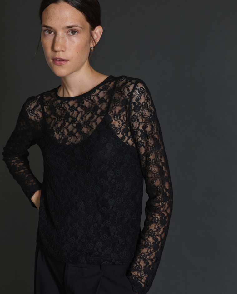 Blusa de encaje algodón negro mujer Yerse - Detalle frontal