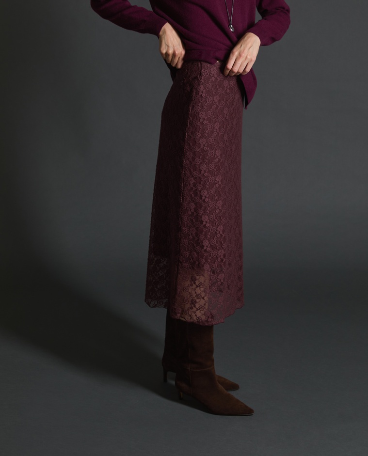 Falda midi de encaje granate mujer Yerse - Detalle frontal