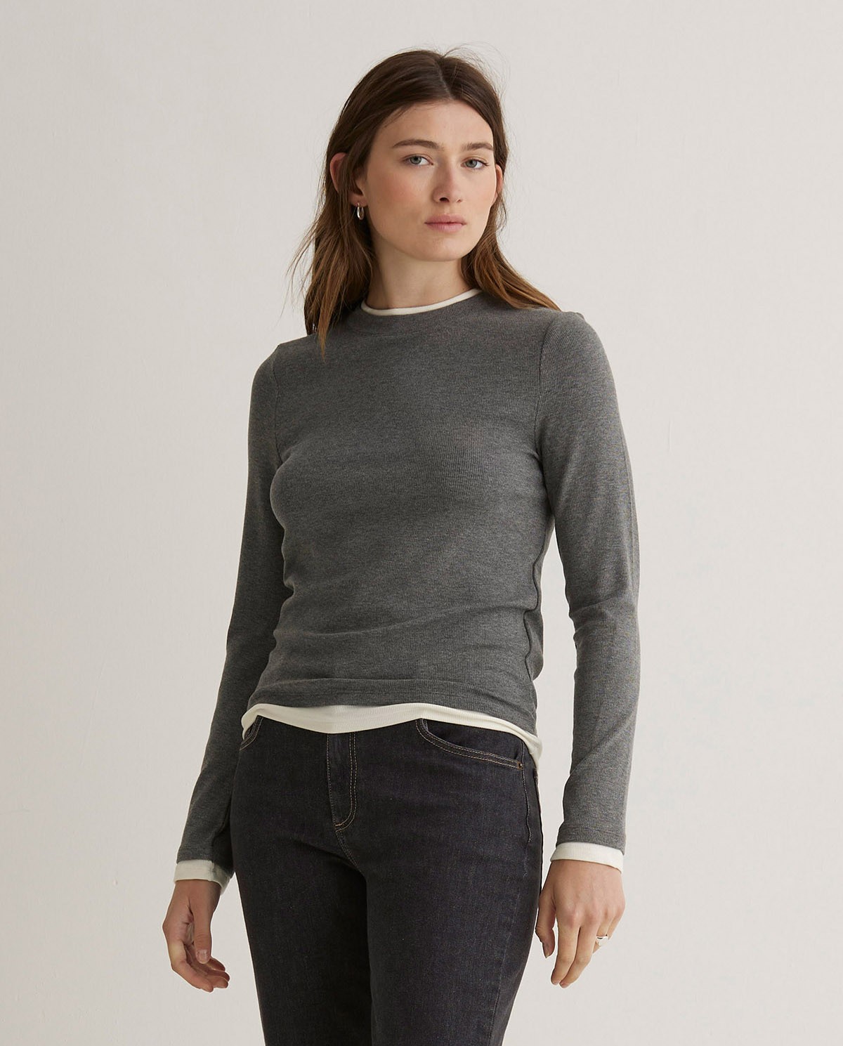Camiseta cuello superpuesto gris - Camiseta doble prenda en canalé 4