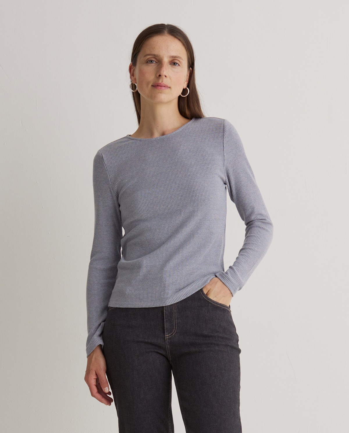 T-shirt côtelé gris à manches longues - T-shirt côtelé