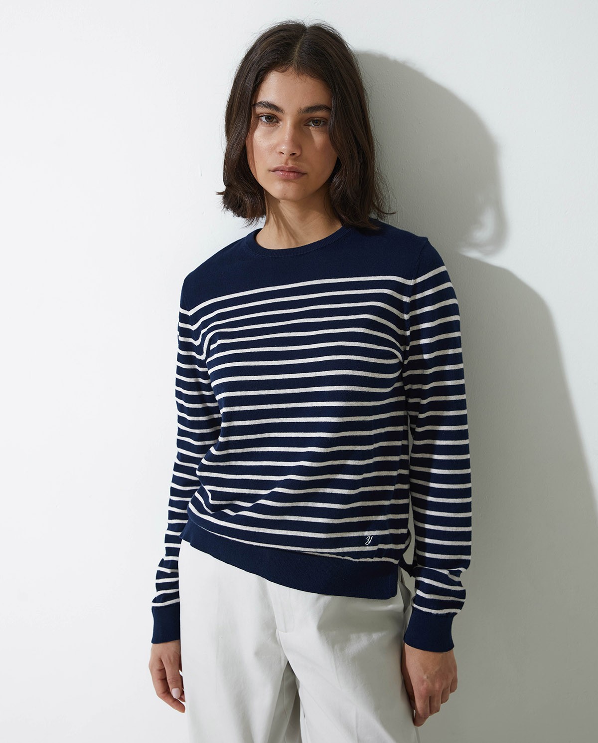 Navy-blue striped organic-cotton sweater woman Yerse - Front view 2