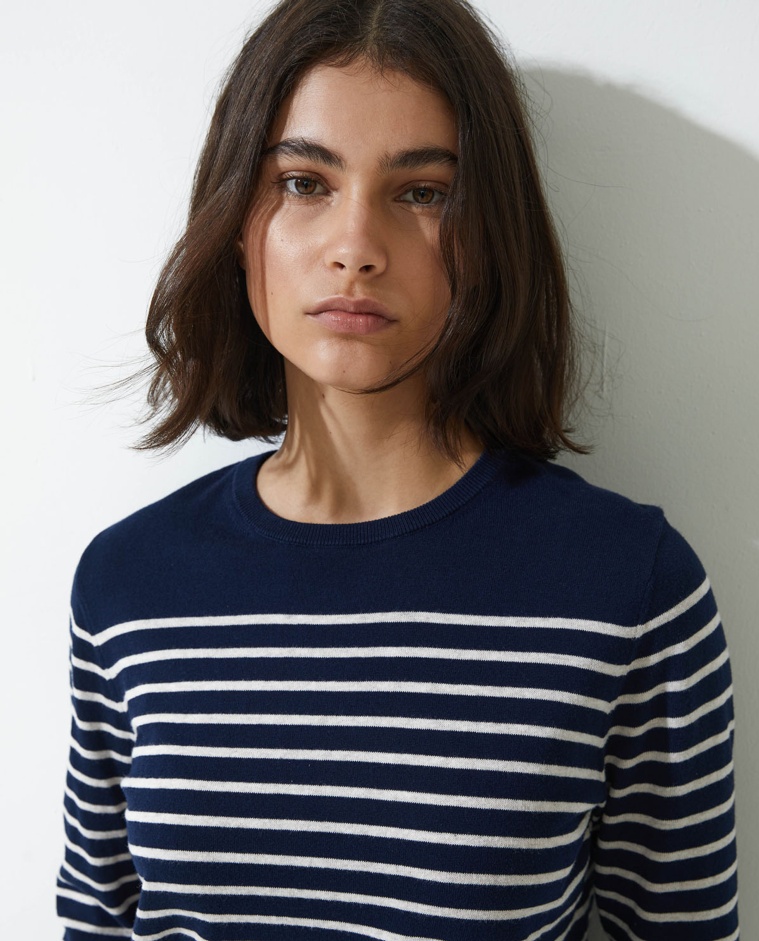 Navy-blue striped organic-cotton sweater woman Yerse - Front view