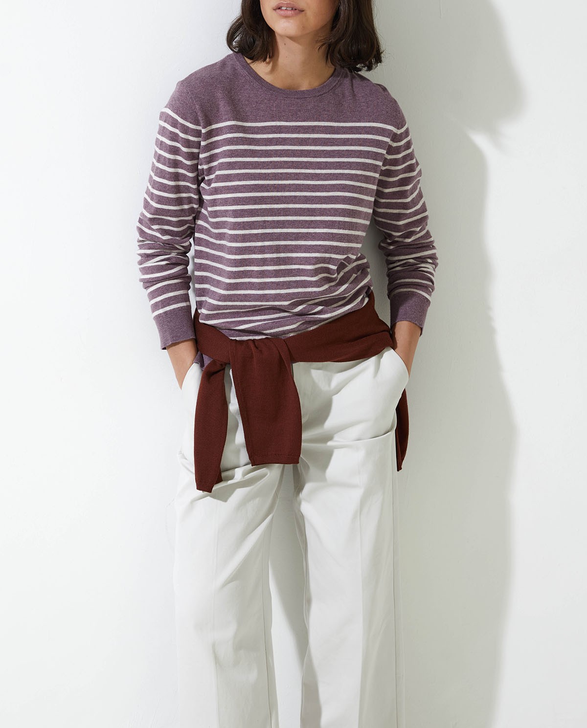 Mauve striped organic-cotton sweater woman Yerse - Front view 1