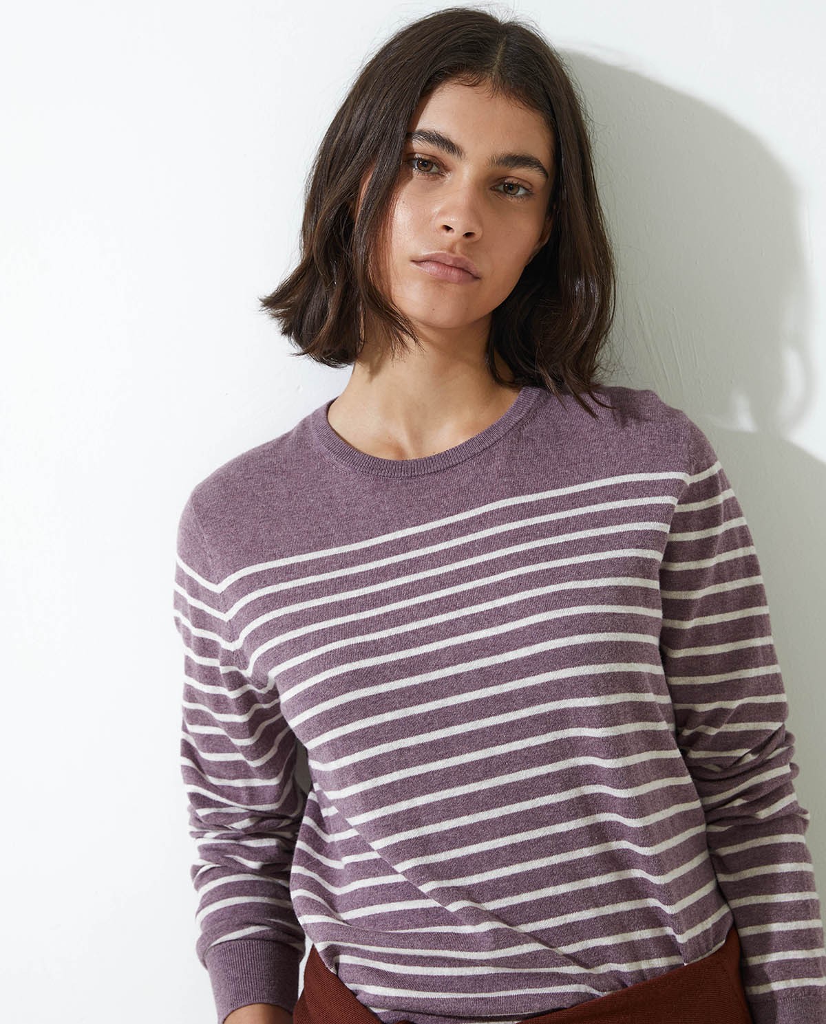 Mauve striped organic-cotton sweater woman Yerse - Front view