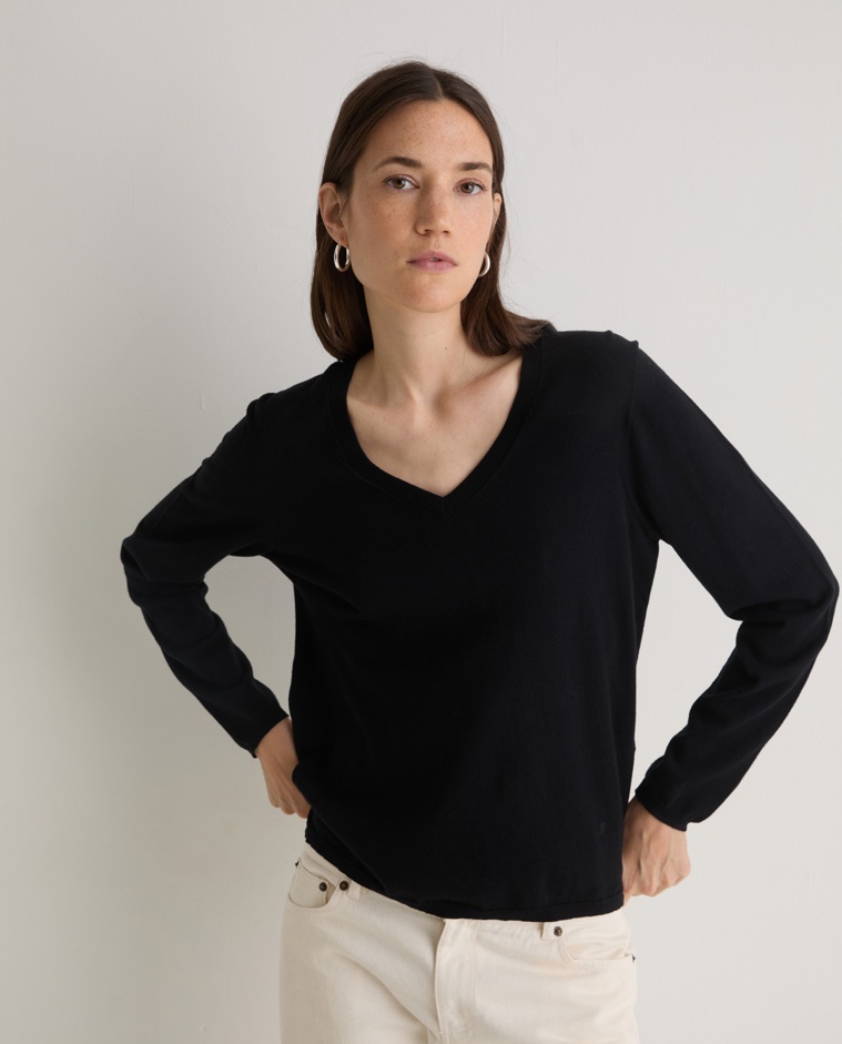 Jersey algodón orgánico cuello pico negro - Jersey algodón orgánico 100%