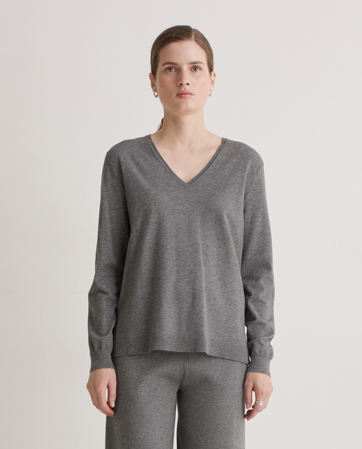 Grey viscose jersey with side slits - V-neck jersey