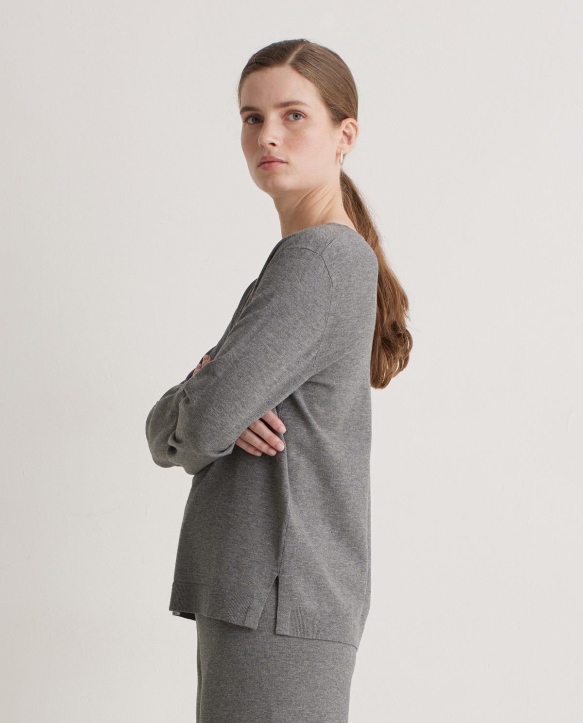 Grey viscose jersey with side slits - V-neck jersey 1