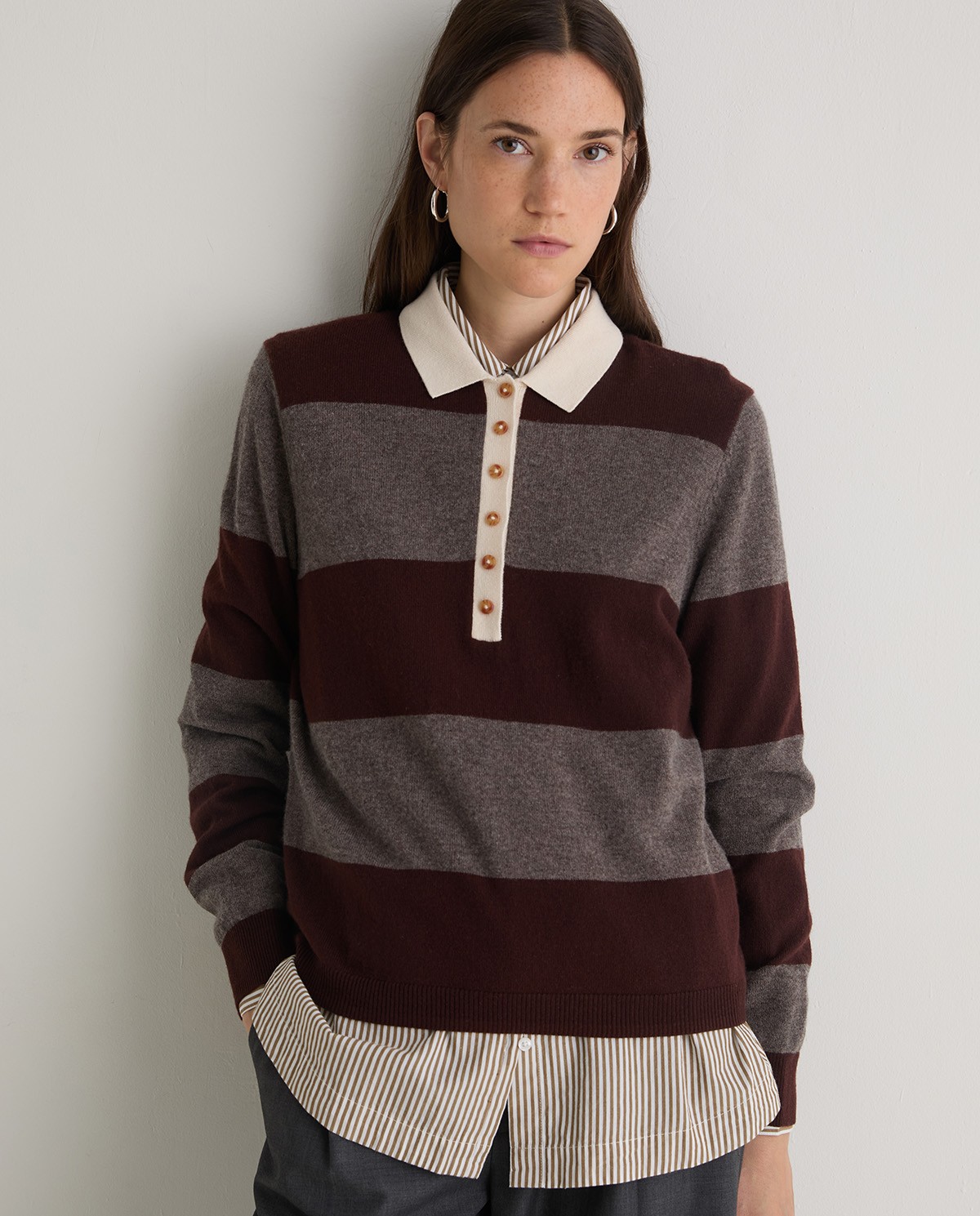Jersey mezcla lana cuello polo rayas marrón - Jersey tejido mezcla de lana y viscosa