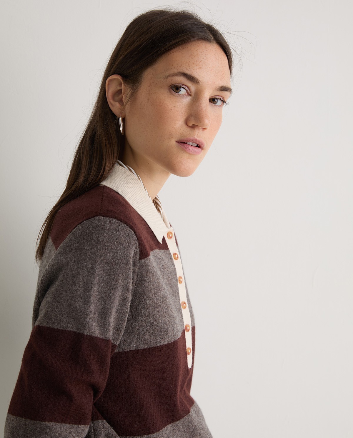 Jersey mezcla lana cuello polo rayas marrón - Jersey tejido mezcla de lana y viscosa 2