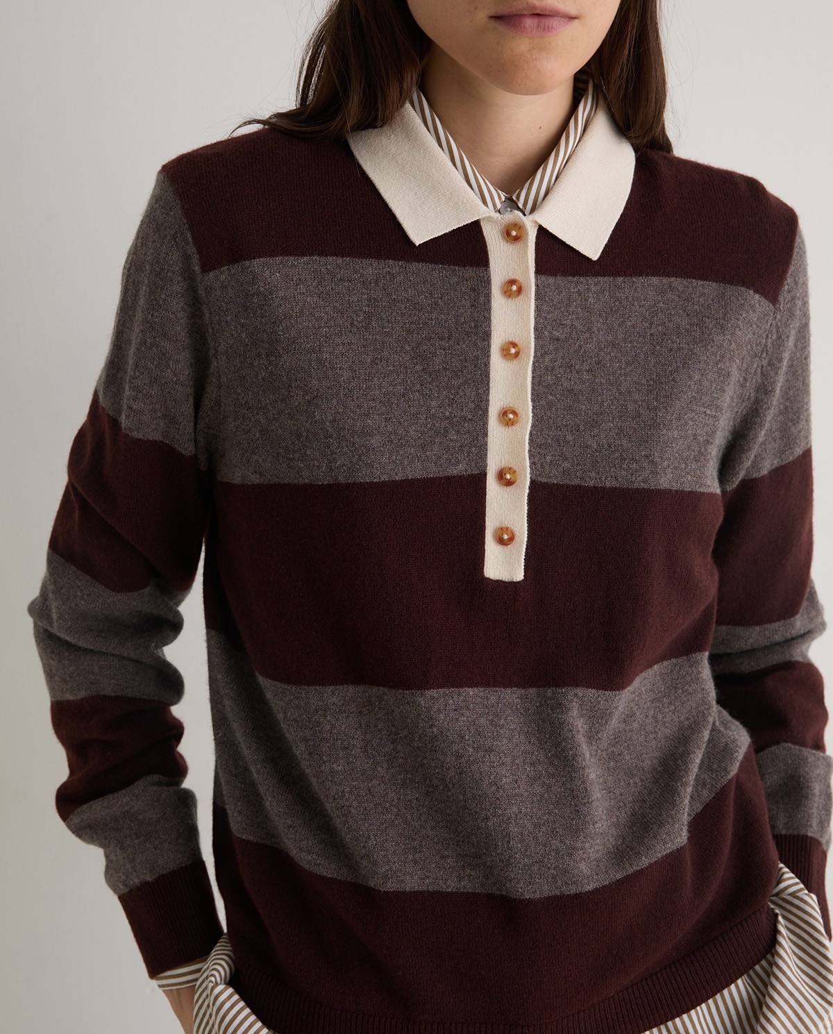 Jersey mezcla lana cuello polo rayas marrón - Jersey tejido mezcla de lana y viscosa 3