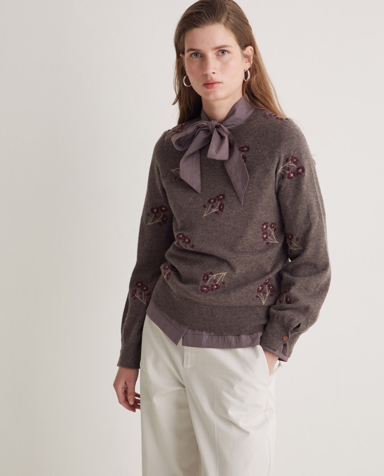 Jersey mezcla lana bordados flores - Jersey bordado frontal de flores