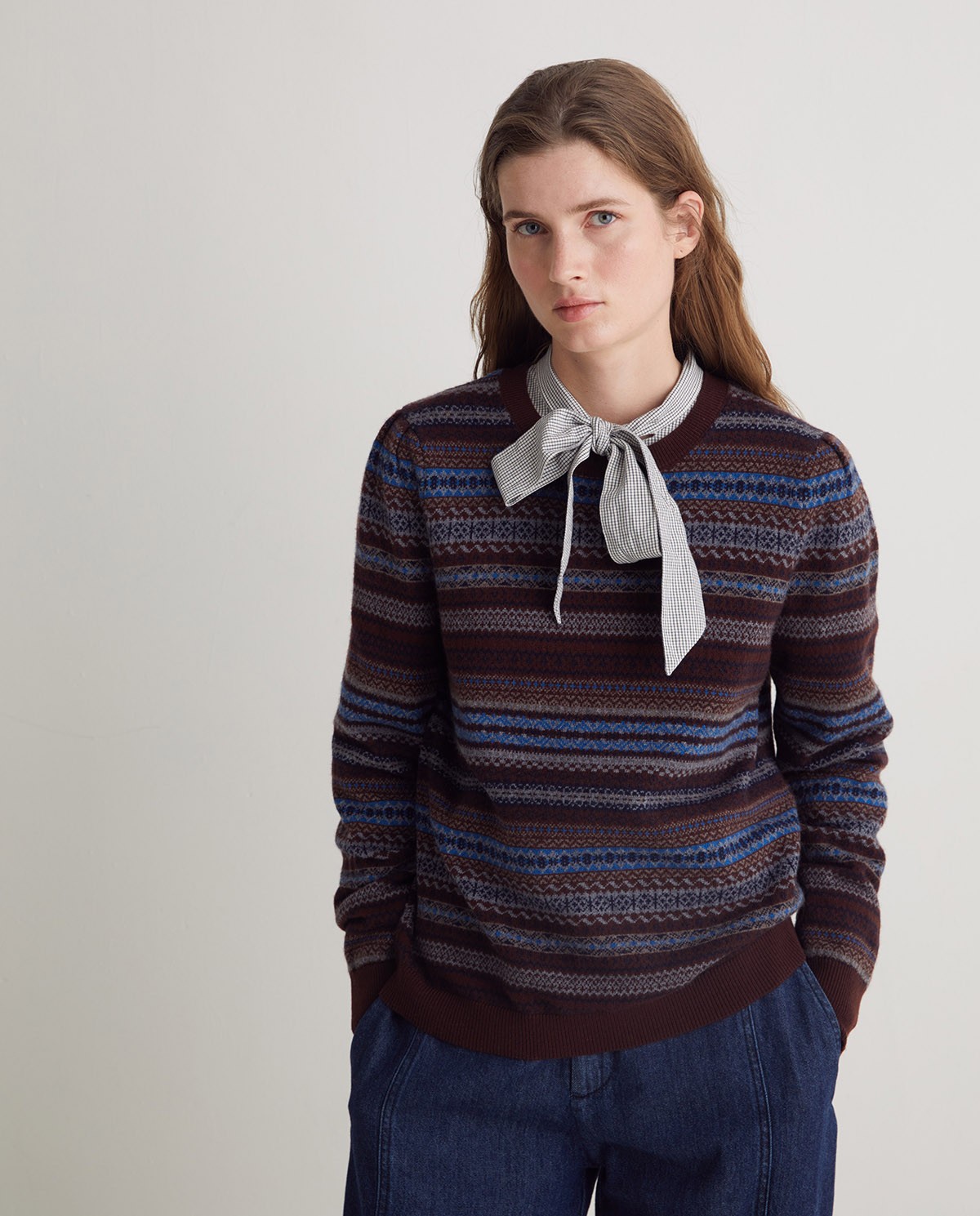 Brown wool Jacquard sweater woman Yerse - Front view 1