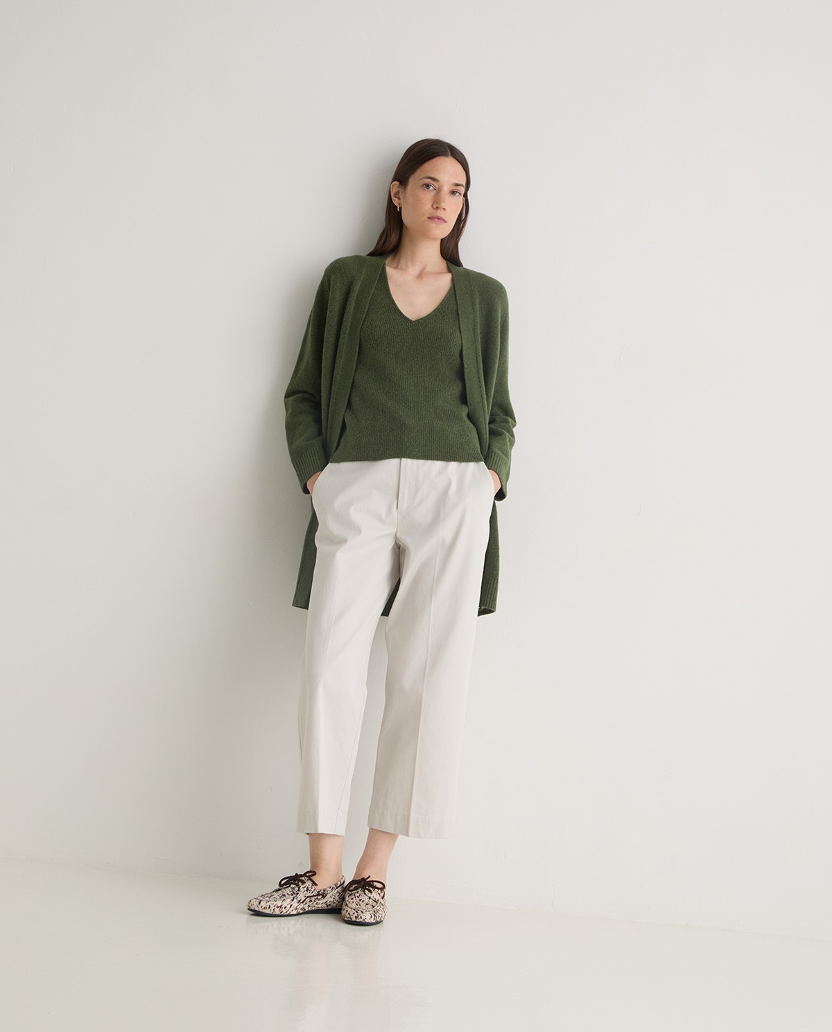 Green cotton-blend long cardigan woman Yerse - Front view 5