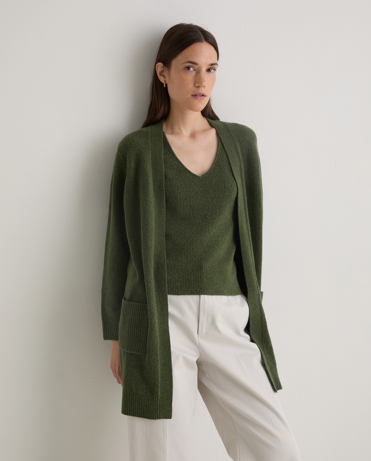 Green cotton-blend long cardigan woman Yerse - Front view