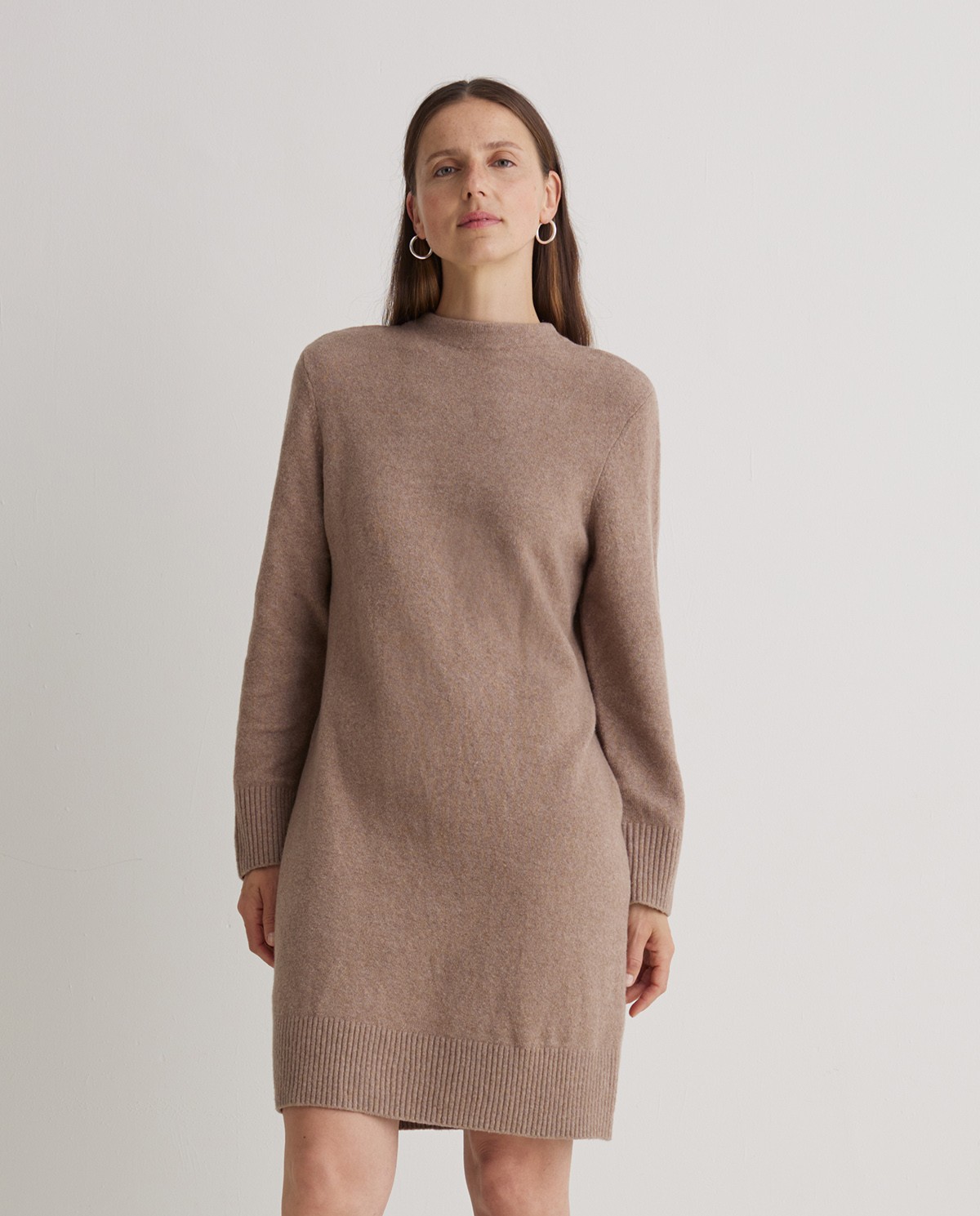 Robe courte marron à col Perkins - Robe en mélange de laine et de coton