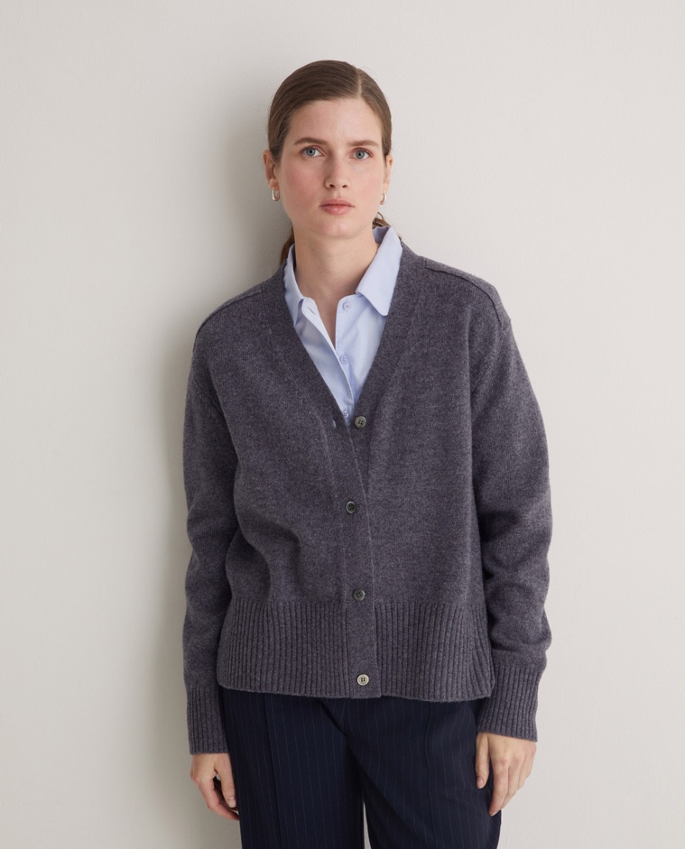 Grey wool cardigan with side slits - Cardigan made of RWS wool and recycled fibers