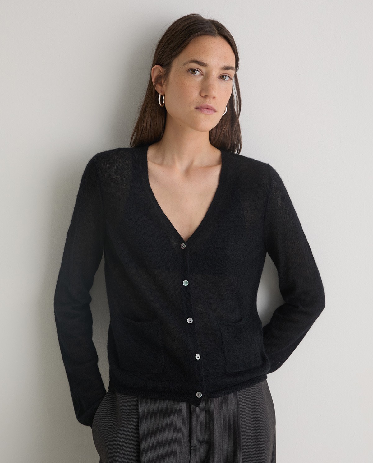 Cárdigan fino mezcla alpaca negro - Cárdigan con bolsillos