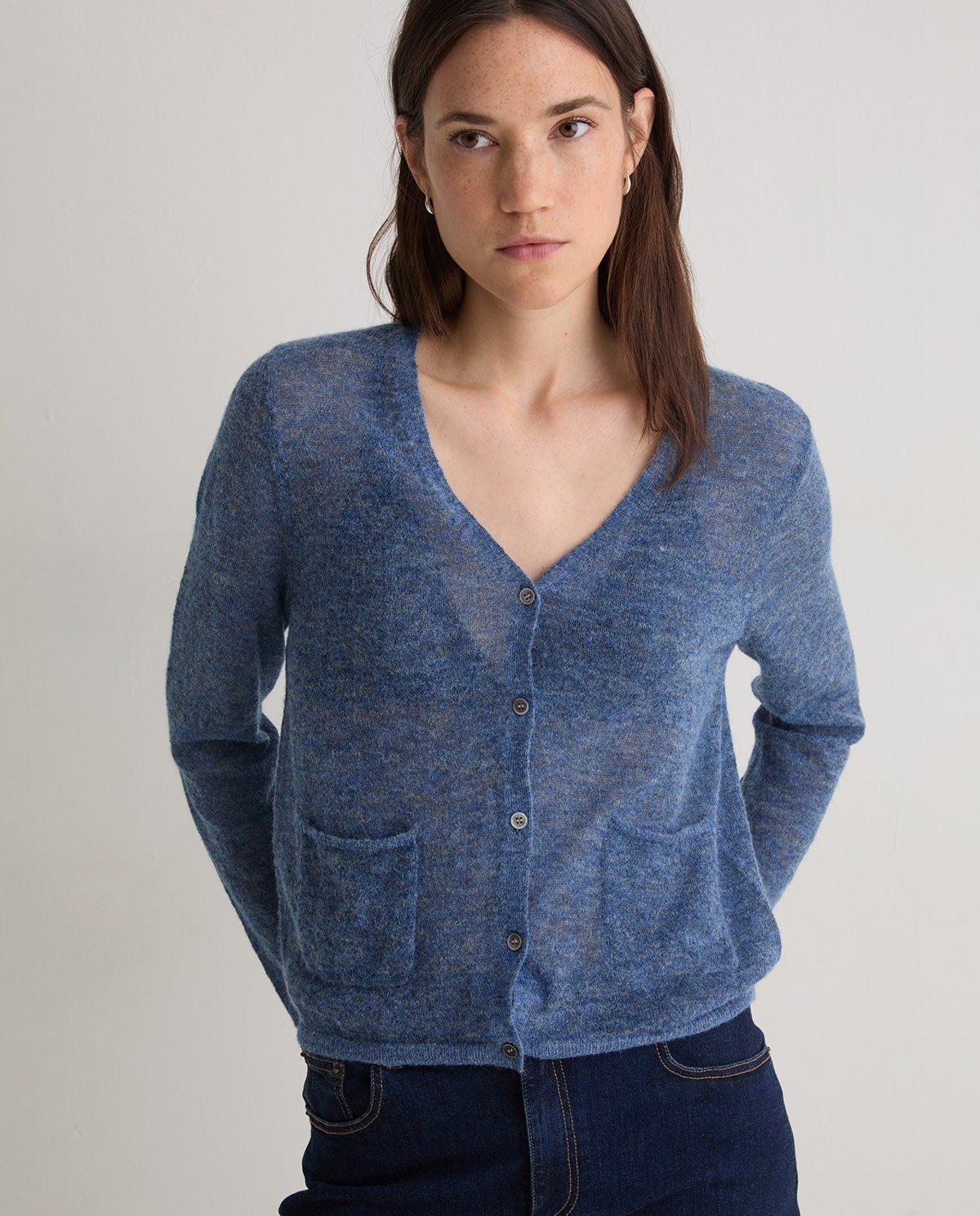 Cárdigan fino mezcla alpaca azul - Cárdigan con bolsillos