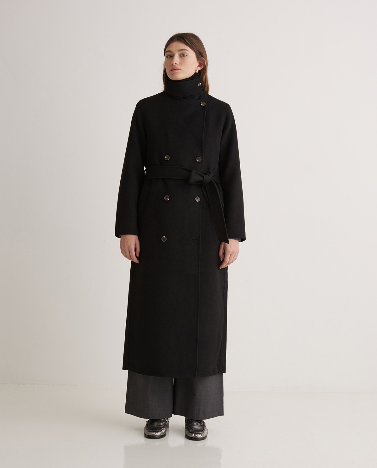 Handmade wool-blend long coat black woman Yerse - Front view 5