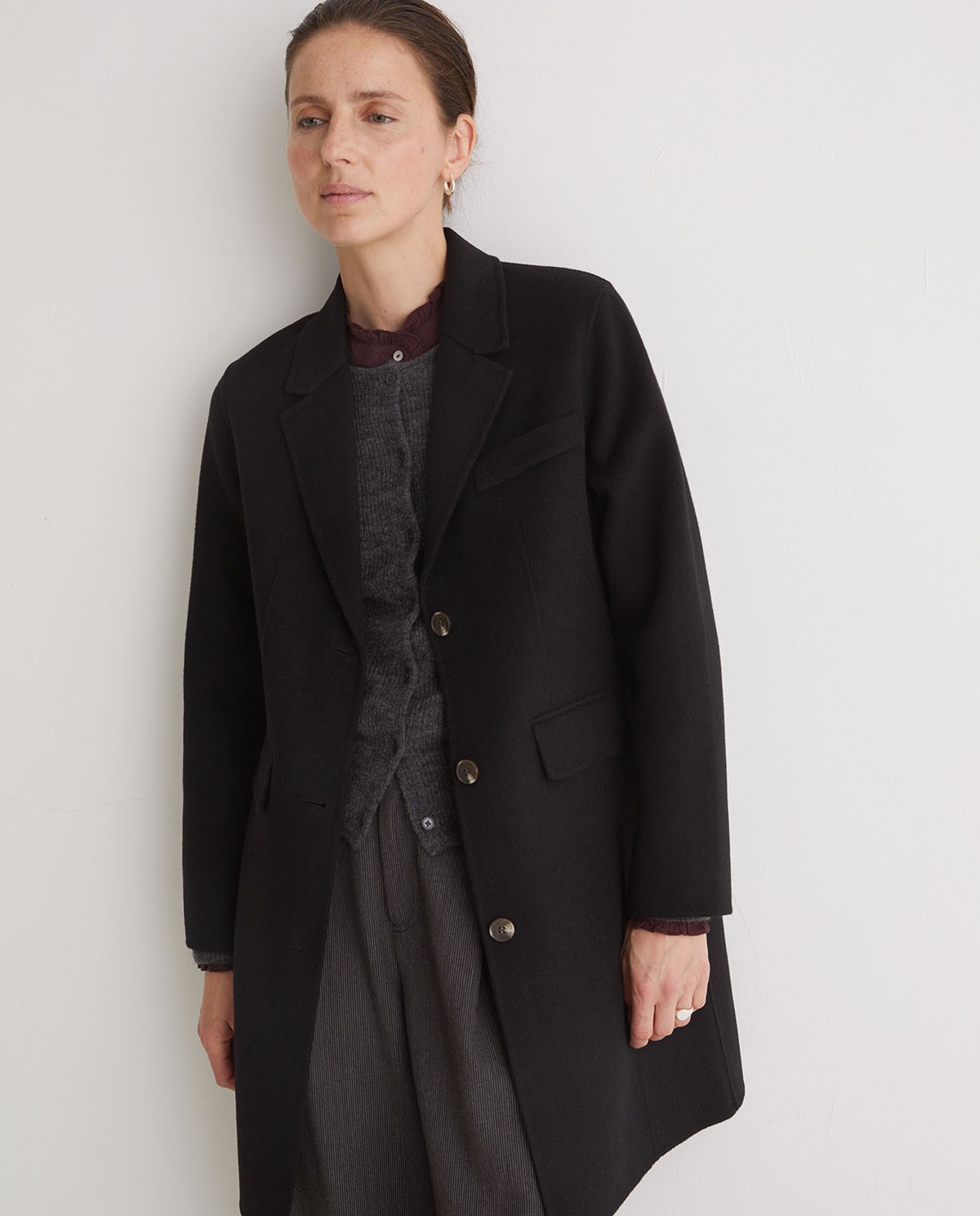 Handmade wool-blend midi coat black woman Yerse - Front view 2