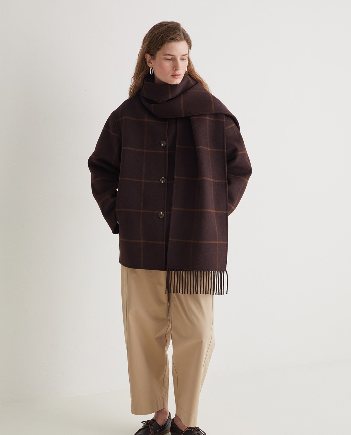 Brown wool blend coat with scarf - Coat with non-removable scarf 7