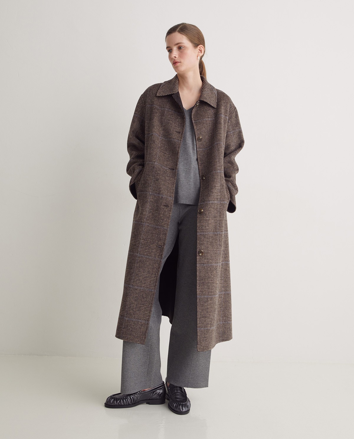 Handmade checked wool-blend long coat brown woman Yerse - Front view 3
