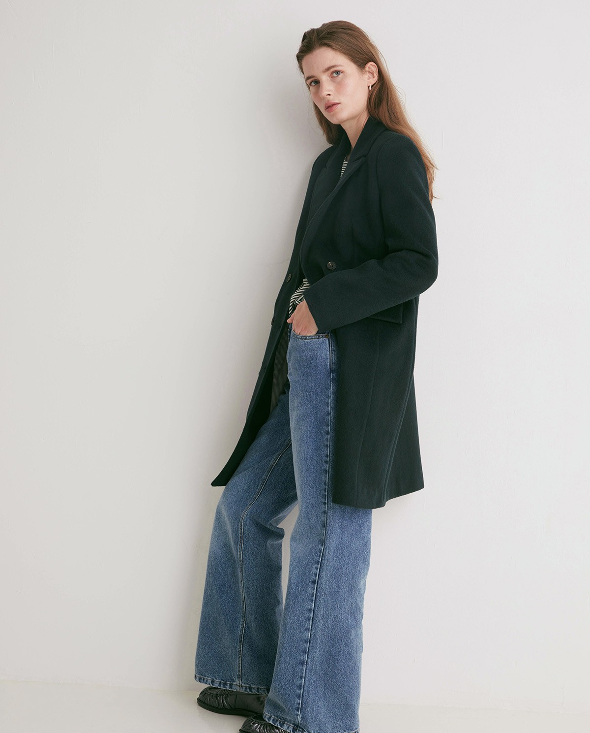 Dark-green wool-blend double-breasted coat woman Yerse - Front view 2