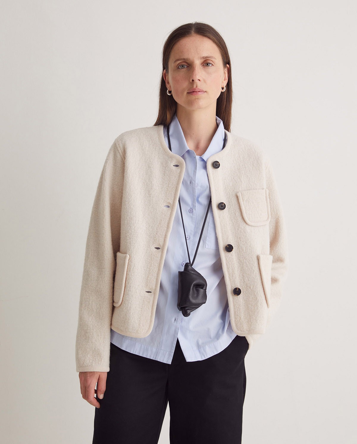 Ecru boiled-wool short jacket woman Yerse - Front view 2