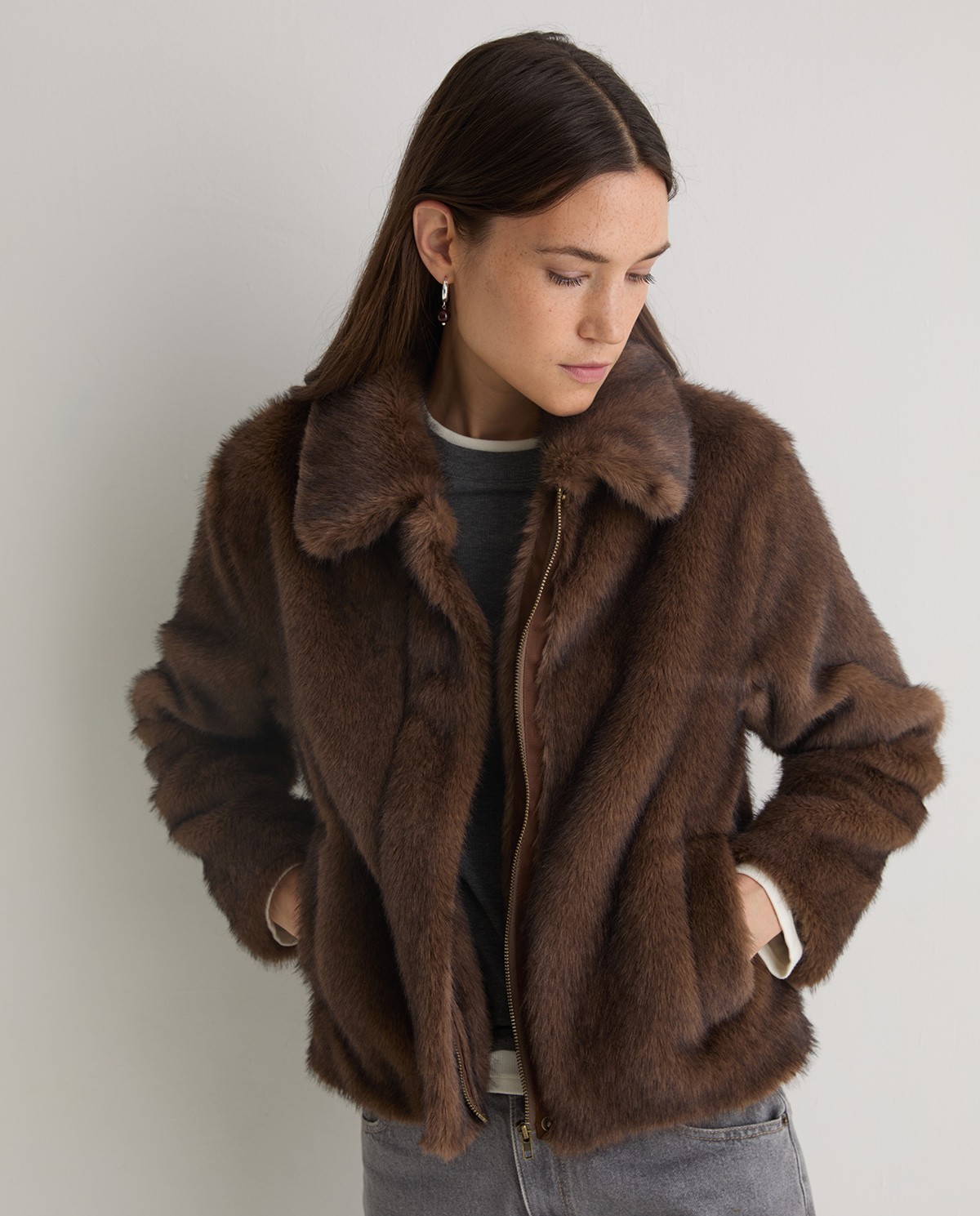 Brown faux-fur short coat woman Yerse - Front view 3