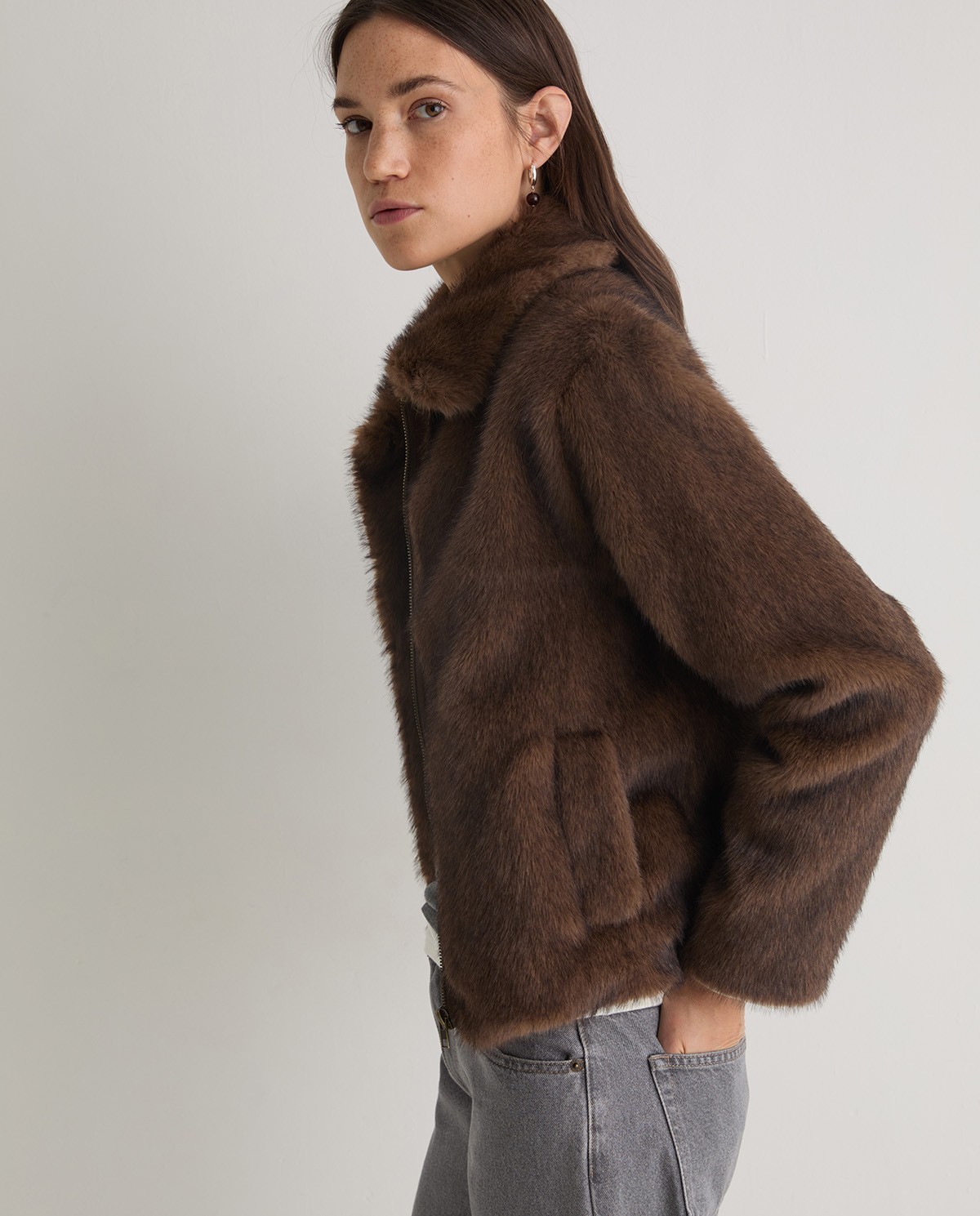 Brown faux-fur short coat woman Yerse - Front view 6