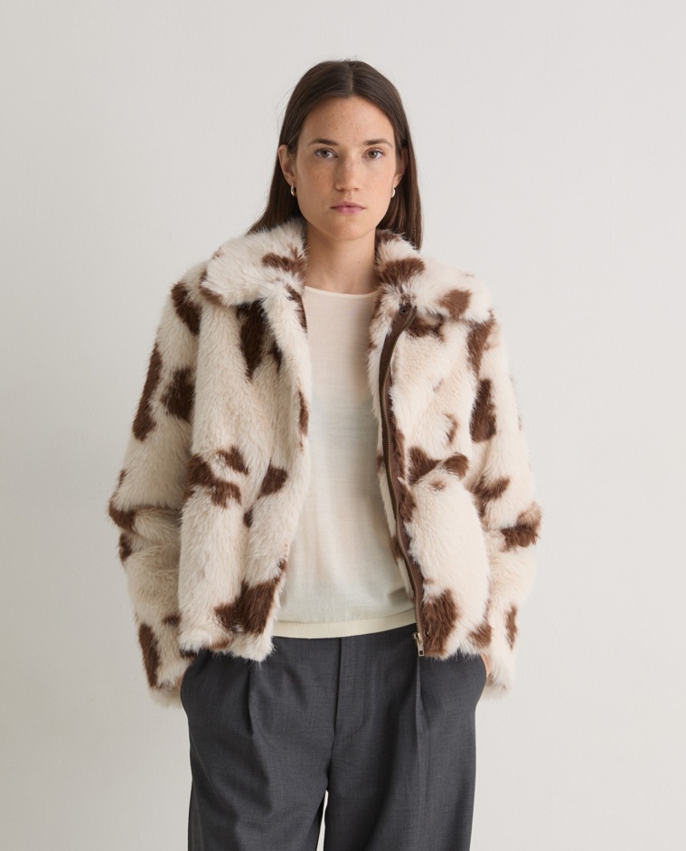 Faux-fur animal-print short coat woman Yerse - Front view