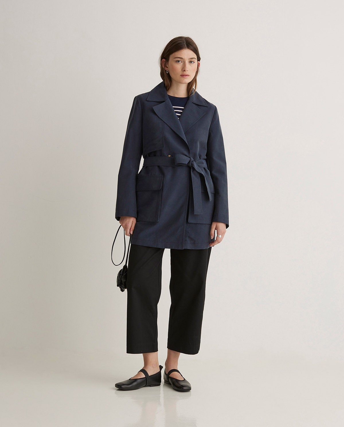 Navy-blue short trench coat with pockets