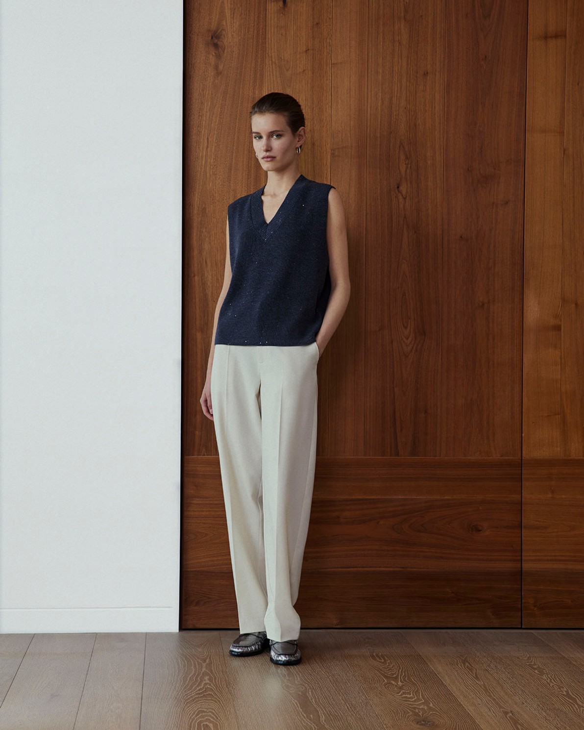 Ecru straight wool-blend trousers woman Yerse - Front view 1