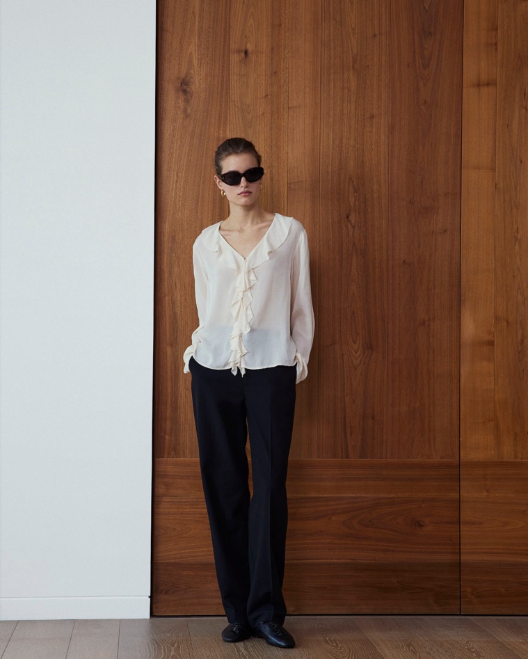 Pantalons rectes mescla llana negre dona Yerse - Detall vista frontal