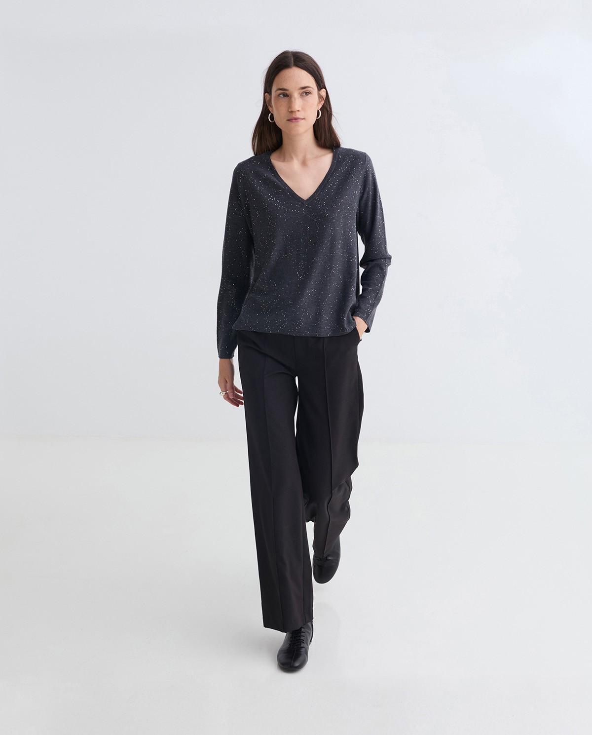 Shiny black wide trousers woman Yerse - Front view