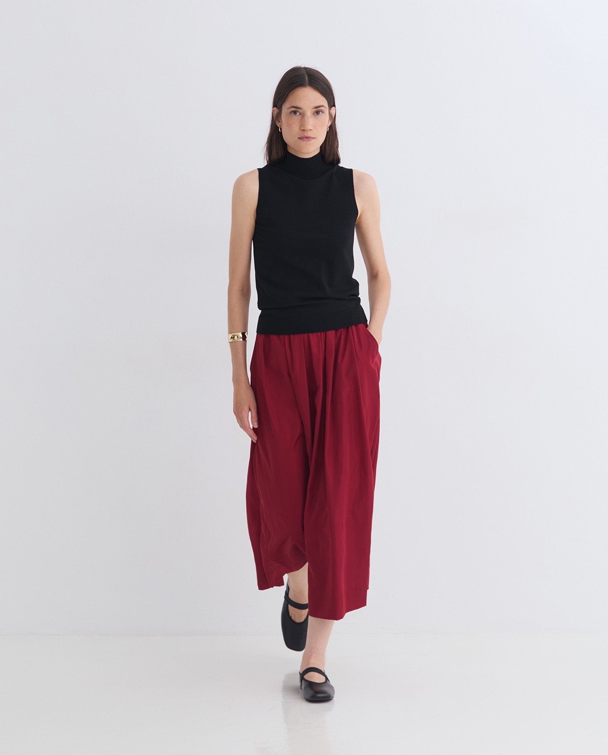 Dark-red sateen midi skirt woman Yerse - Front view 1