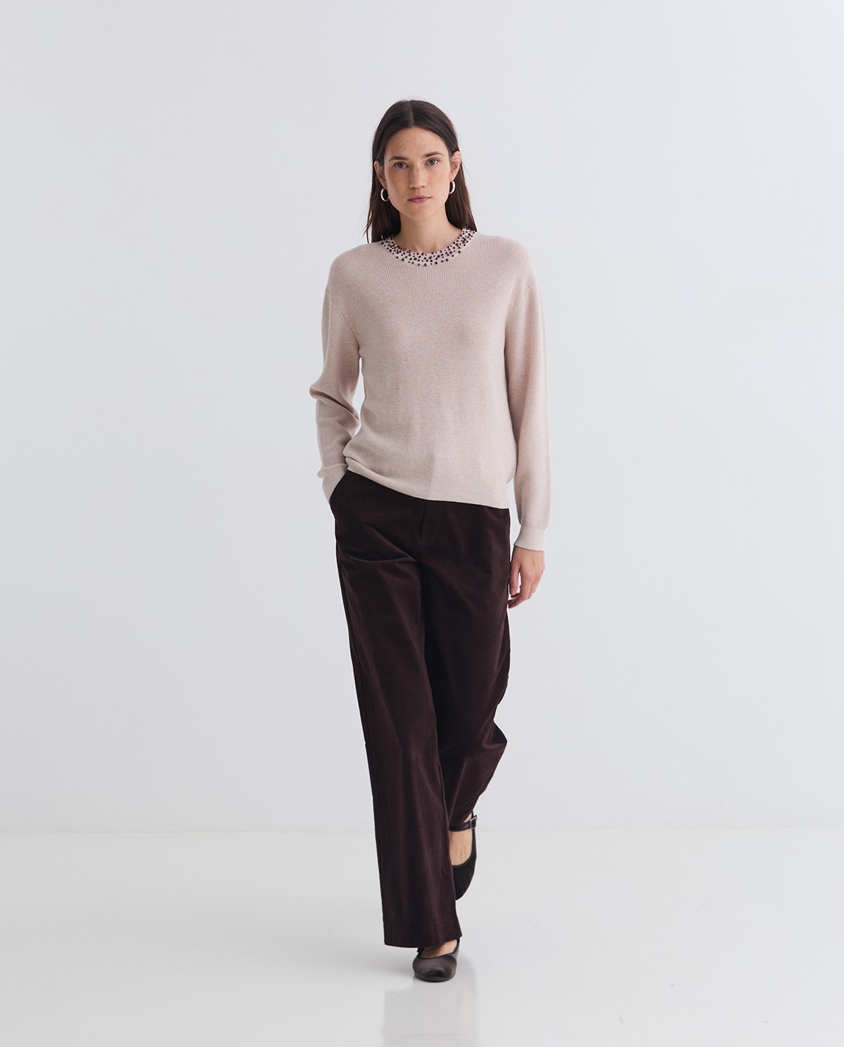 Jersei llana i cotó pedreria cru dona Yerse - Detall vista frontal 4