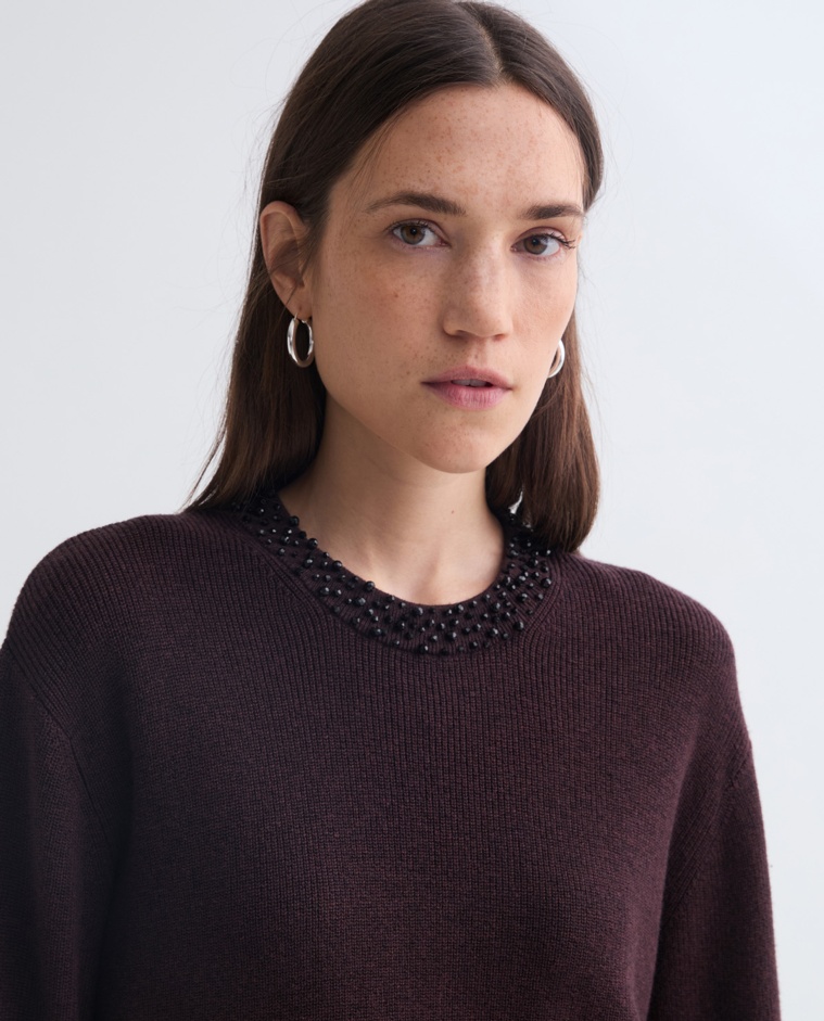 Jersey lana y algodón pedrería chocolate mujer Yerse - Detalle frontal