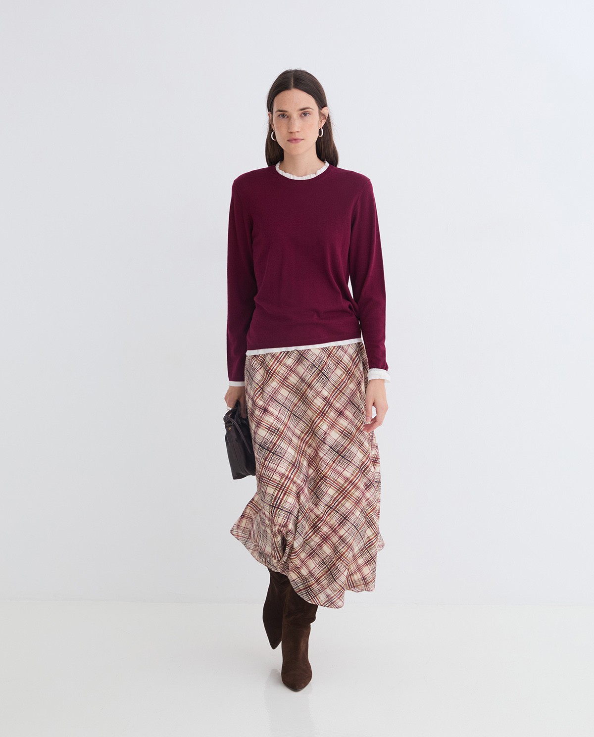 Maroon cotton and wool sweater contrasting accents woman Yerse - Front view 4