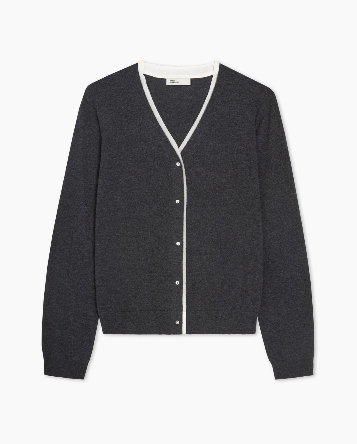 Anthracite cotton and wool cardigan contrasting accents woman Yerse - Front view 4