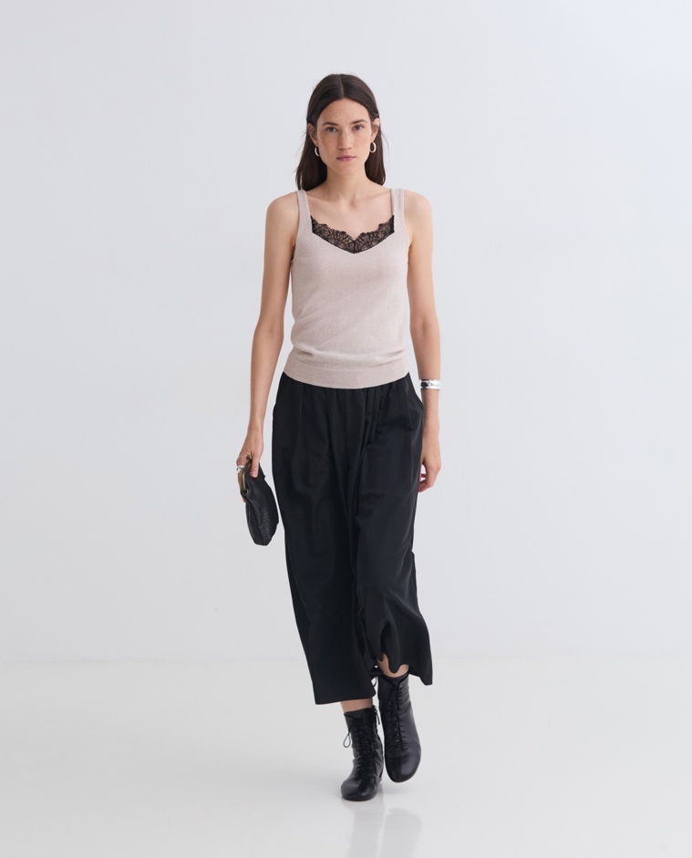 Top lencero lana y algodón crudo mujer Yerse - Detalle frontal