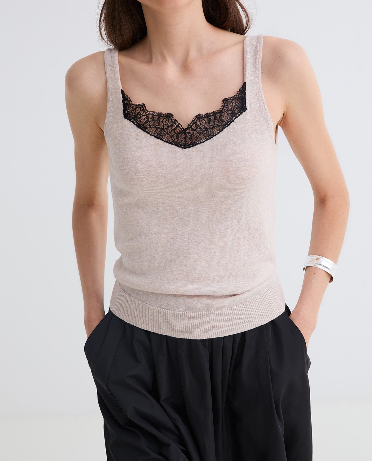 Ecru cotton and wool lingerie top woman Yerse - Front view 1