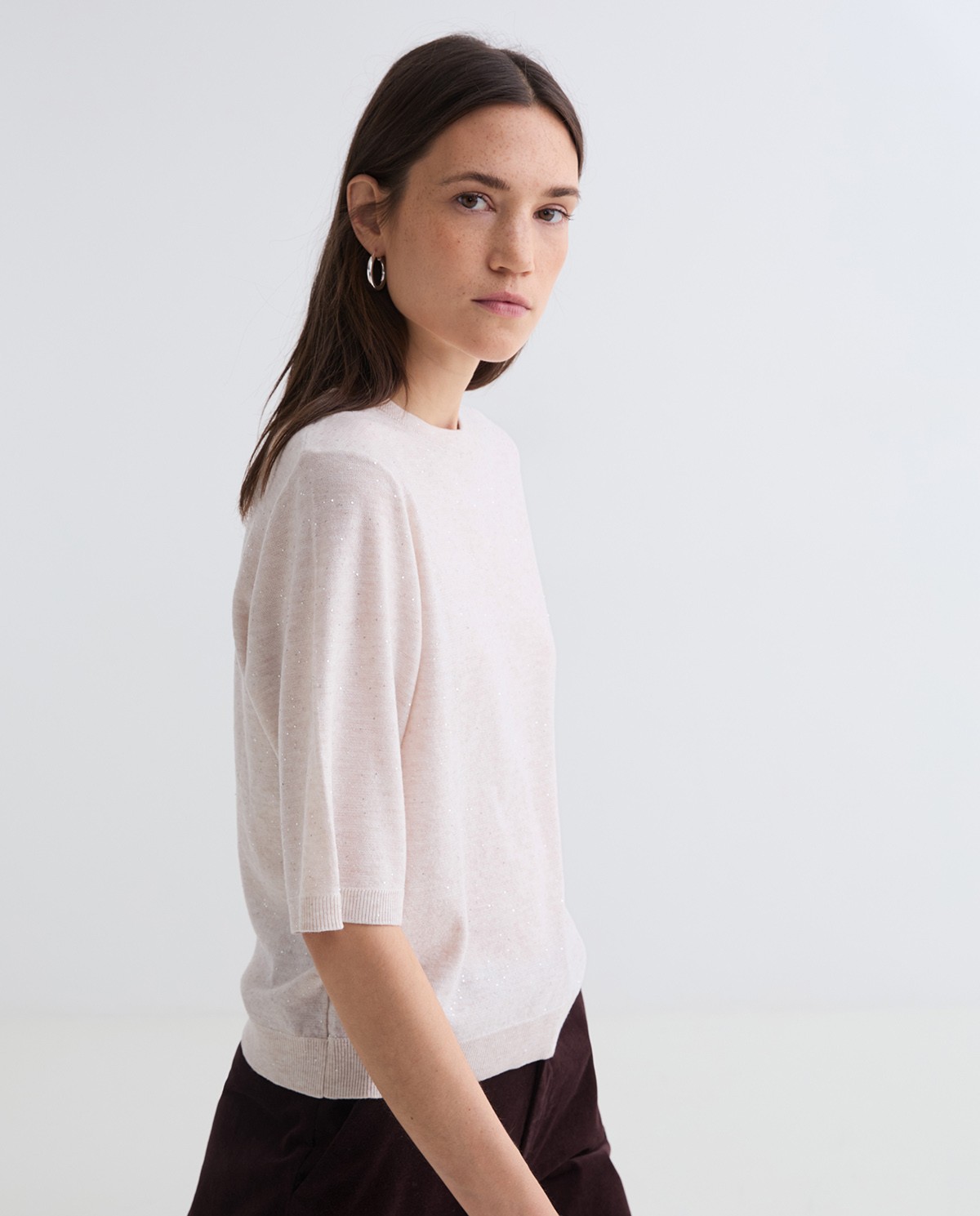 Ecru French-sleeve sweater mini sequins woman Yerse - Front view 1