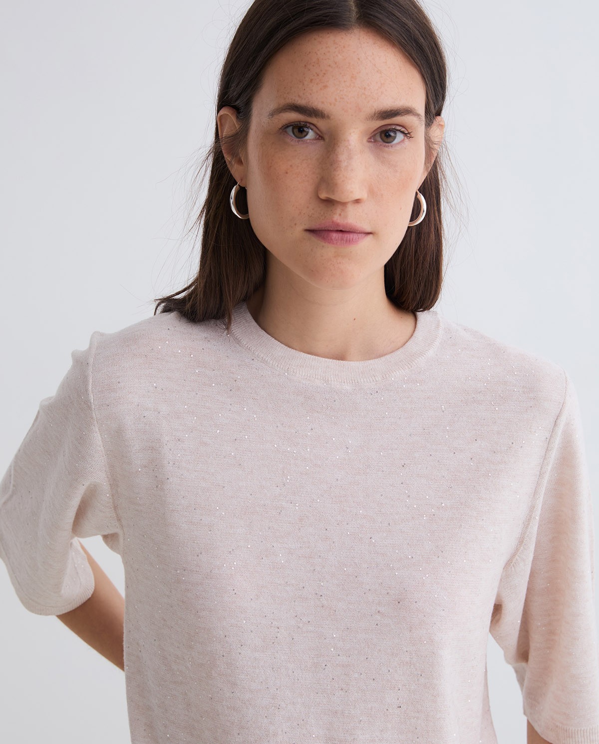 Ecru French-sleeve sweater mini sequins woman Yerse - Front view