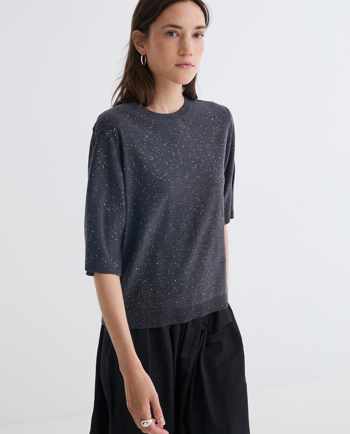 Anthracite French-sleeve sweater sequins woman Yerse - Front view