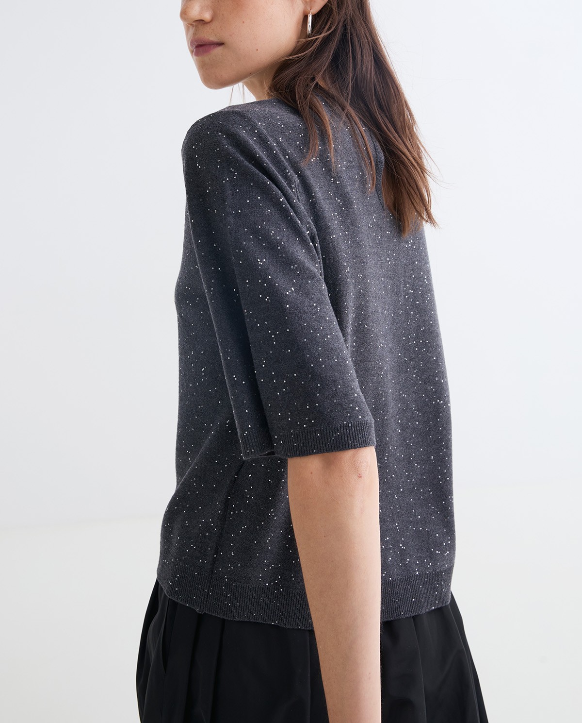 Anthracite French-sleeve sweater sequins woman Yerse - Front view 1