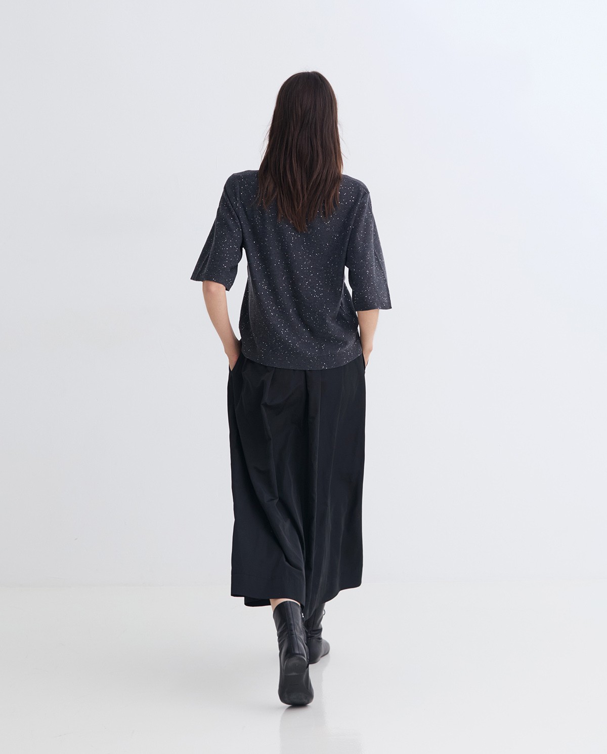 Anthracite French-sleeve sweater sequins woman Yerse - Front view 3