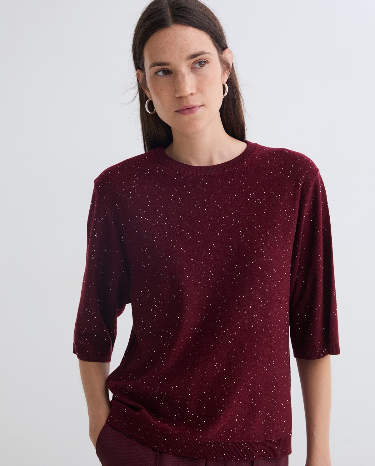 Maroon French-sleeve sweater sequins woman Yerse - Front view 2