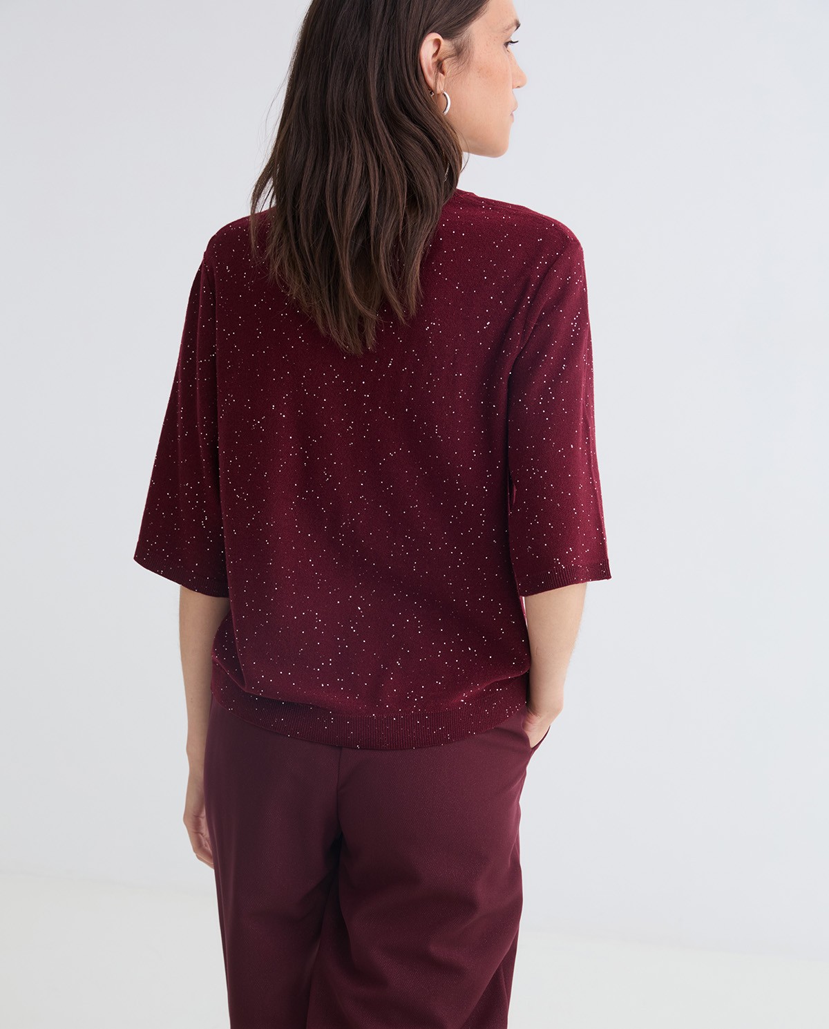 Maroon French-sleeve sweater sequins woman Yerse - Front view 3